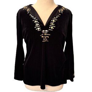 Coldwater Creek Black Top Shirt Bronze Sequin Women Velour Holiday 14P Christmas